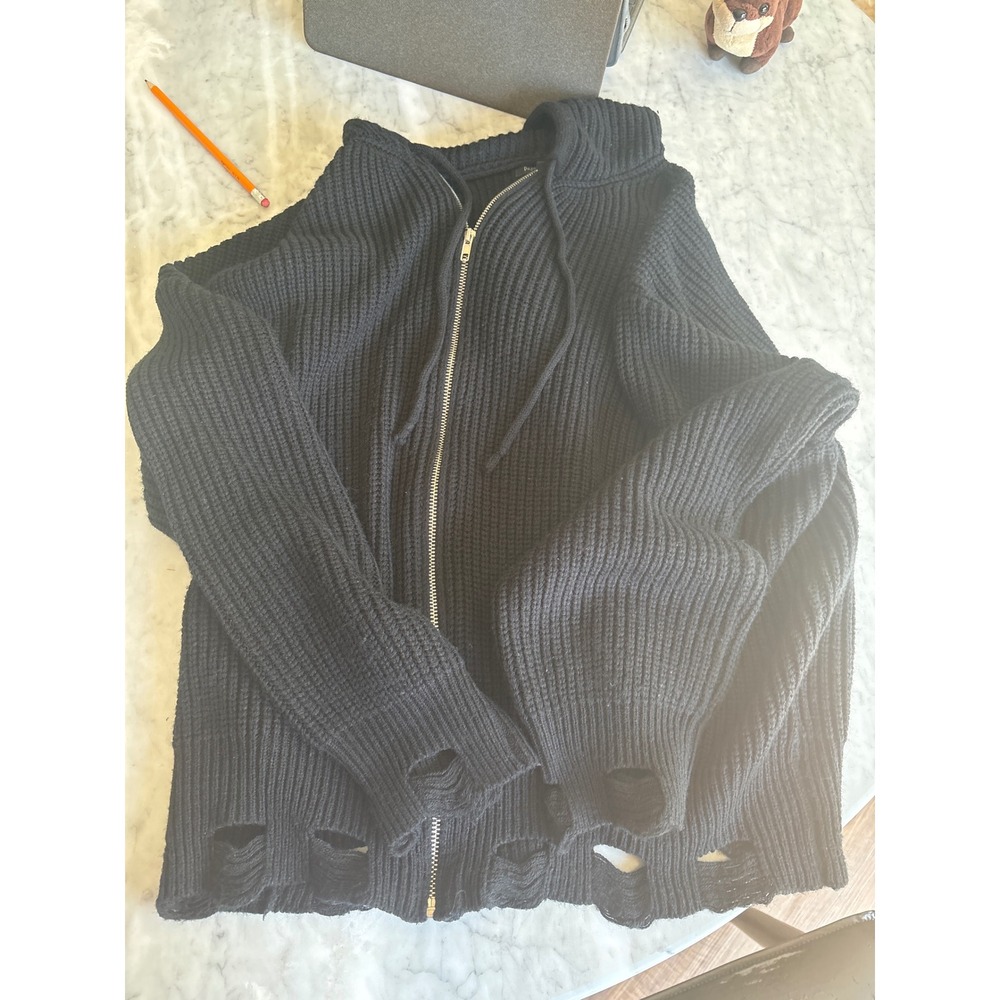 Fairy Grunge Distressed Hoodie Sweater Black Shredded Knit Full Zip Large